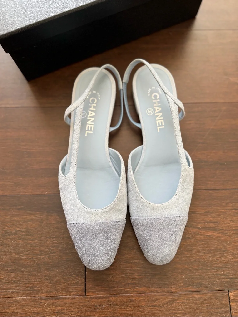 CHANEL Two-Tone Light blue Suede Slingback Flats